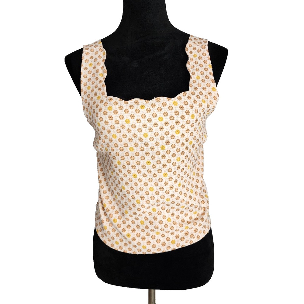 MONTEAU Size XL Cute Floral Scalloped Crepe Smocked Back Tank Top Cottagecore
